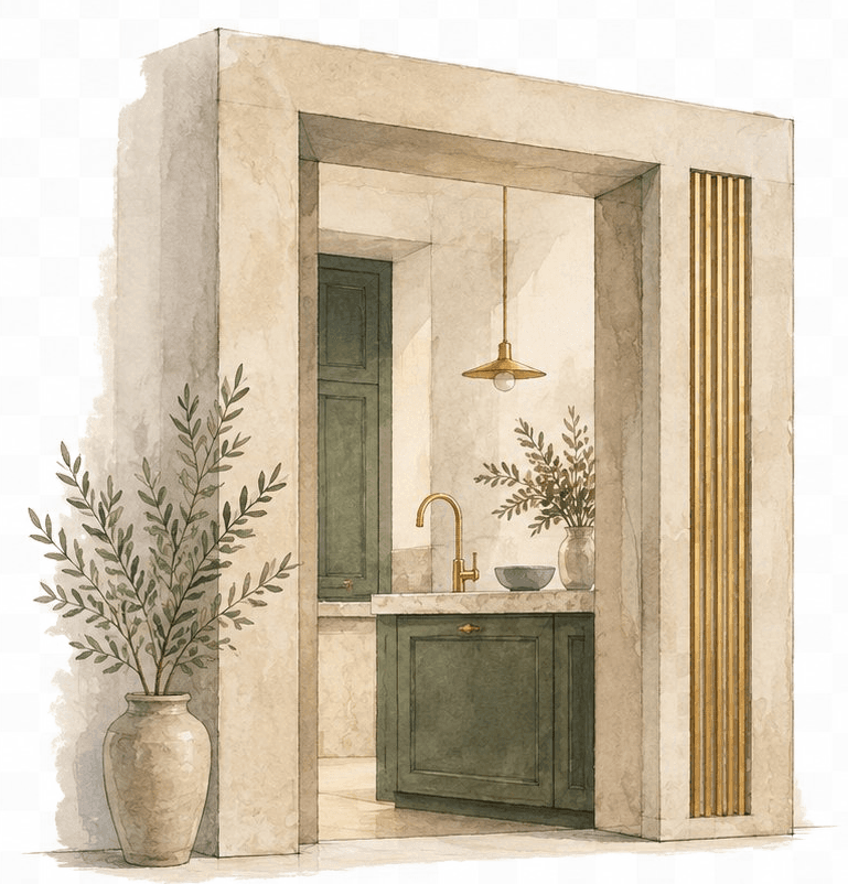 An open doorway revealing the start of an organised kitchen renovation