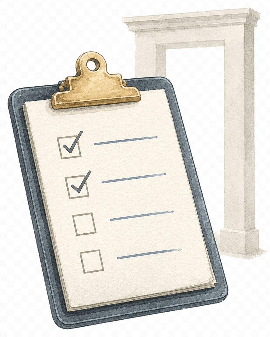 Illustration of a clipboard and doorway, suggesting the start of an organised kitchen project checklist