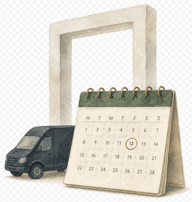 A calendar page with a delivery van silhouette
